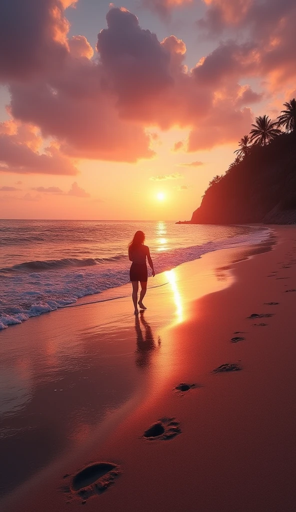 a beautiful beach sen set time a man and woman walking in the beach and a very beautiful weather and a heart shape stone glowing in this shape many small heart shape stone colourful 
