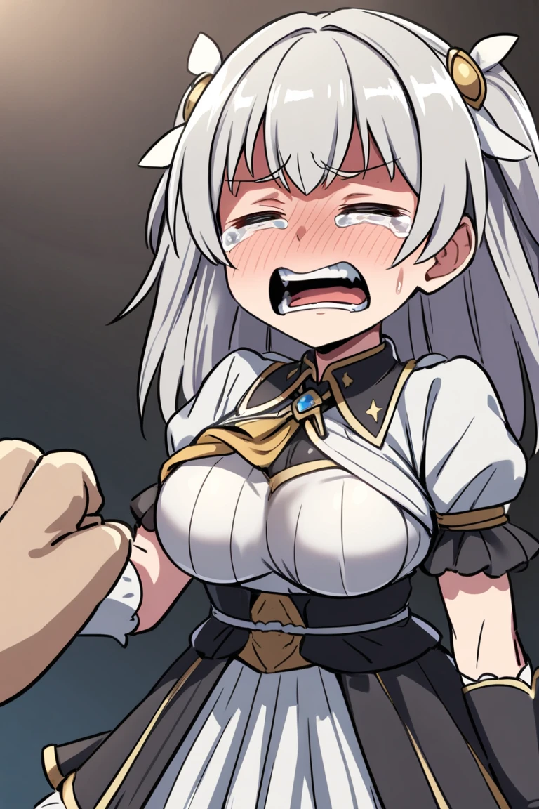 Lize Helesta（Nijisanji）Long Hair Girl,Pure white hair,Blue inner hair,The bangs are thick and cut above the eyebrows.,Gold crown,Deep pink eyes,Medium chest,Nipples,Nipplesピアス,Binding hands and feet,Execution,Behead,dieぬ,Crying and screaming,Peeing,Great Hall,crowd,die,Disconnect,kill