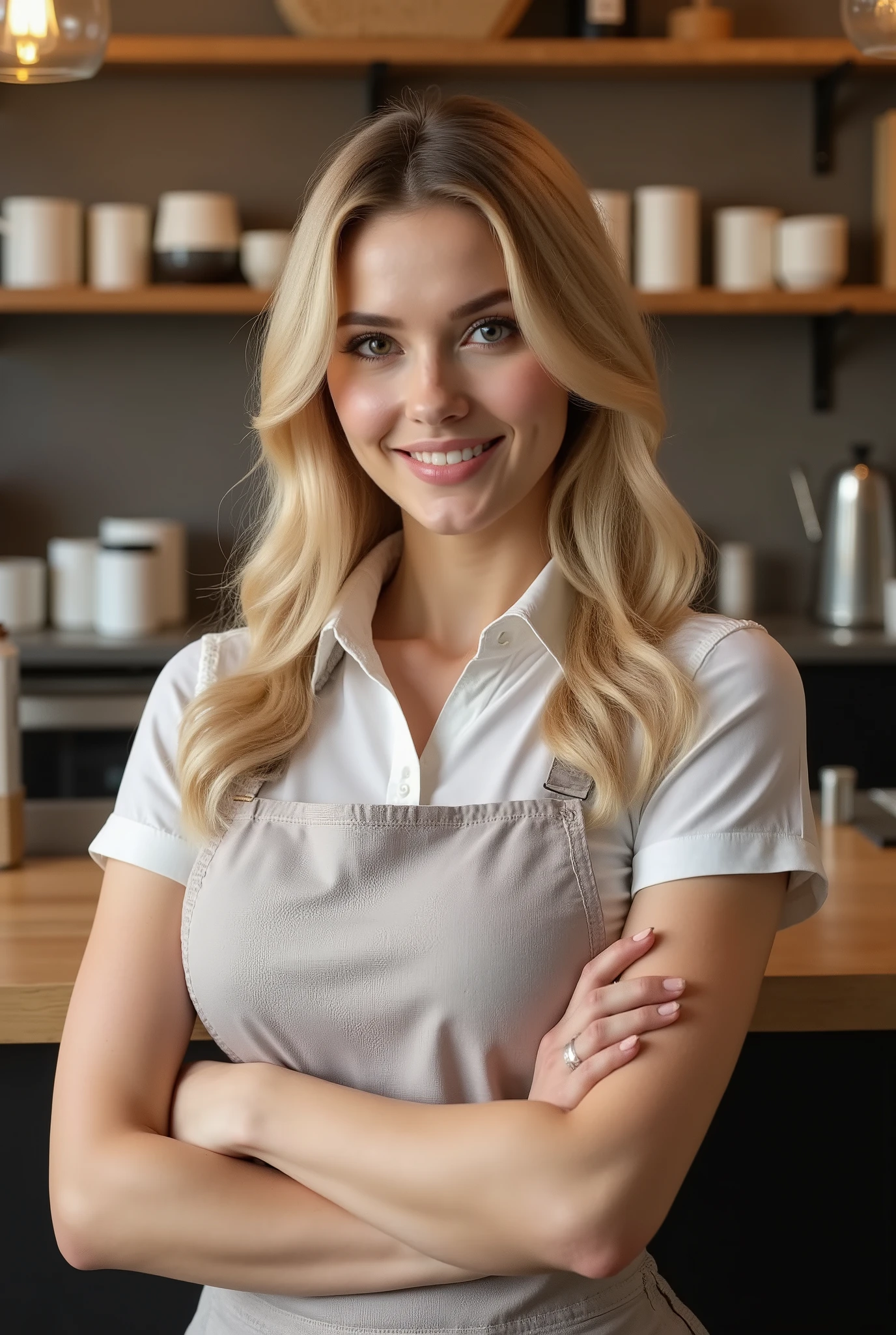 hyperealistic photo A full body shot of a beautiful blonde woman with long hair, in a coffee shop, standing with her arms crossed and looking at the camera. She is wearing an apron and a shirt, a casual outfit. detailed face and eyes, The full-body shot was Realistic, ultra-realistic photograph captured, high-resolution quality ,detailed face, 8k