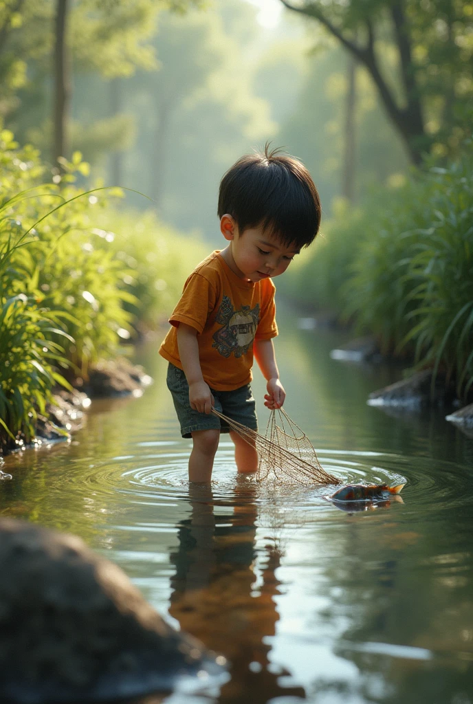 A six-year-old boy walks barefoot on mud,Shota,sludgy,footprints,fat guy,Stepping on,The soles of the feet face forward