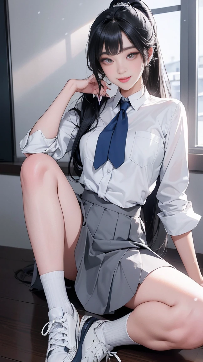 Photorealistic, live action, pale light, beautiful gravure idol at 22 years old, white blouse, blue skirt, loose wavy black hair, white ankle socks, pumps, library background --auto --s2