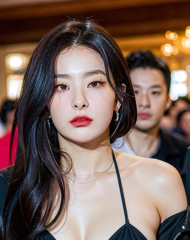 middle eastern women,20 years old,(Pale skin),necklace,choker necklace ,earrings 、Deep sadness、sorrow、Red lips open:1.7 . close your eyes deeply. (Appreciate the appearance:1.5),masterpiece,original photo,best quality,detail:1.2),,endless realism,High-granularity CG integration 8k, Full body image:1.5 (Sweat)(Sexy pose),Perfect body (Red lingerie,Has deep cleavage:1.1) (kneel down,Take pictures sideways:1.2)