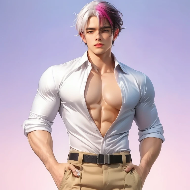 16 year old German man, cabelo rosa claro. Foto de corpo todo e forte. De frente pra foto, super modelo, sem camisa. Sorrindo.