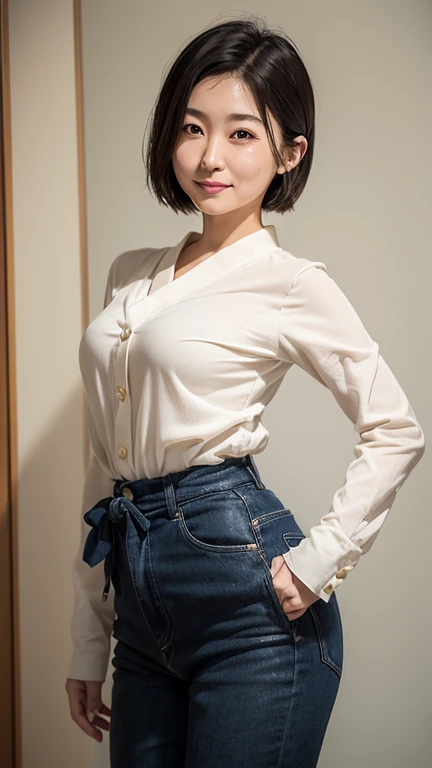 30 y o, ((Best quality, 8K, masutepiece: 1.3)), Japanese cool beauty, empty blue background: 1.8, White shirt, Gray skirt, Highly detailed face and skin texture, Smile, Fashion Model Pose
