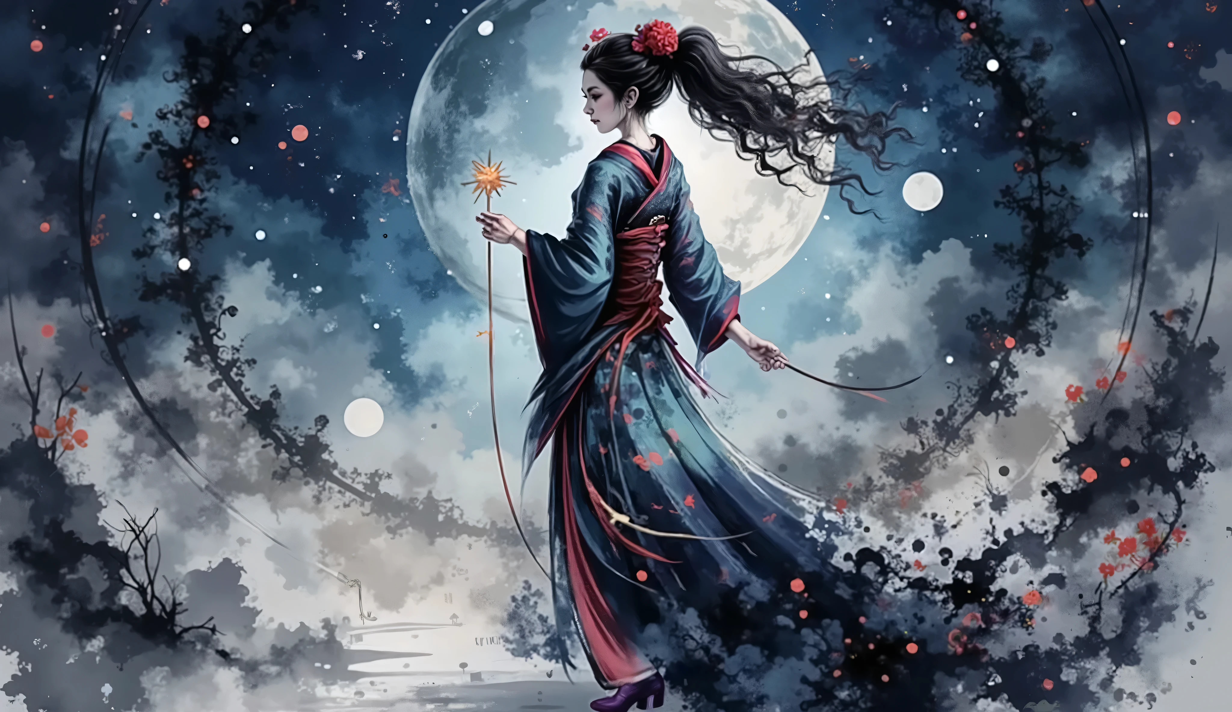 elegante, flowing curly hair, celestial-themed gown with stars and gradient of blues e ouro, fabric ornamented with intricate patterns, , golden brooch accessories, holding a golden string, pose standing with the body slightly turned, serene and majestic environment, holding a suspended star, space themed background with stars and planets, rich and deep color palette with an emphasis on blue, Purple Shoes, e ouro, mystical and ethereal atmosphere