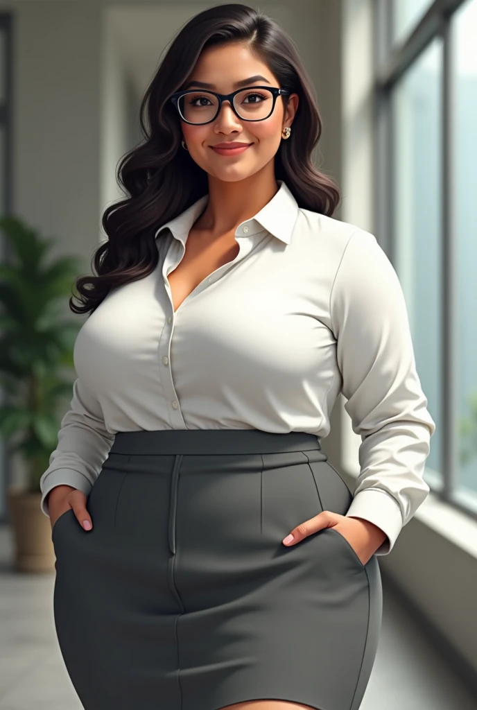 A beautiful and hot almost chubby mature woman.who wears a button-down shirt and gray office pants. and standing in the office. A smiling face.