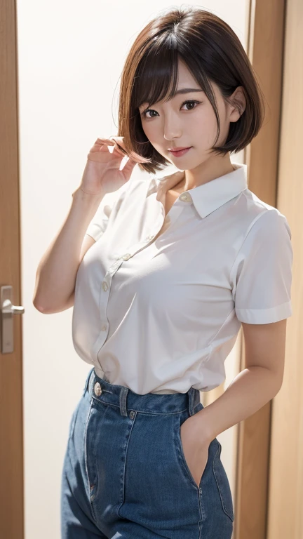 from outside, Lens 135mm f1.8,(Best Quality),(masutepiece:1.1), (Beautiful 14 year old girl),japanaese girl, Cute face, ((flat chest)), (Small breasts), (Chiseled face:0.7), (hitornfreckles:0.6), Cute lips, Dappled sunlight, Dramatic Lighting, (Japan school uniform), (in a school), ((photo from the waist up:1.2))、Are standing、The body is facing the viewer、cute smile, not wearing underwear、no_bra, ((dark blue Pleated skirt:1.2))、（Super mini skirt that doesn&#39;t hide your thighs）、thighs、Photo from thighs up、 White short-sleeved shirt、((Shirt with an open neckline that shows cleavage))、(((Super short shirt that shows your abdomen)))、Navel exposed、Thigh out、