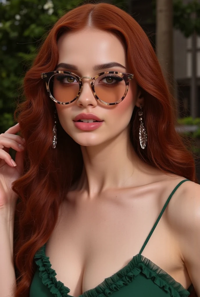 cleavage, woman, from_above, crop top, detailed face, yellow bodycon tank top, hair, park, sky, trees, pale skin, moonlight, stars, 1girl, statement sunglasses, woman,petite, vivid colors, bokeh background, subject for emphasis,dramatic colors,