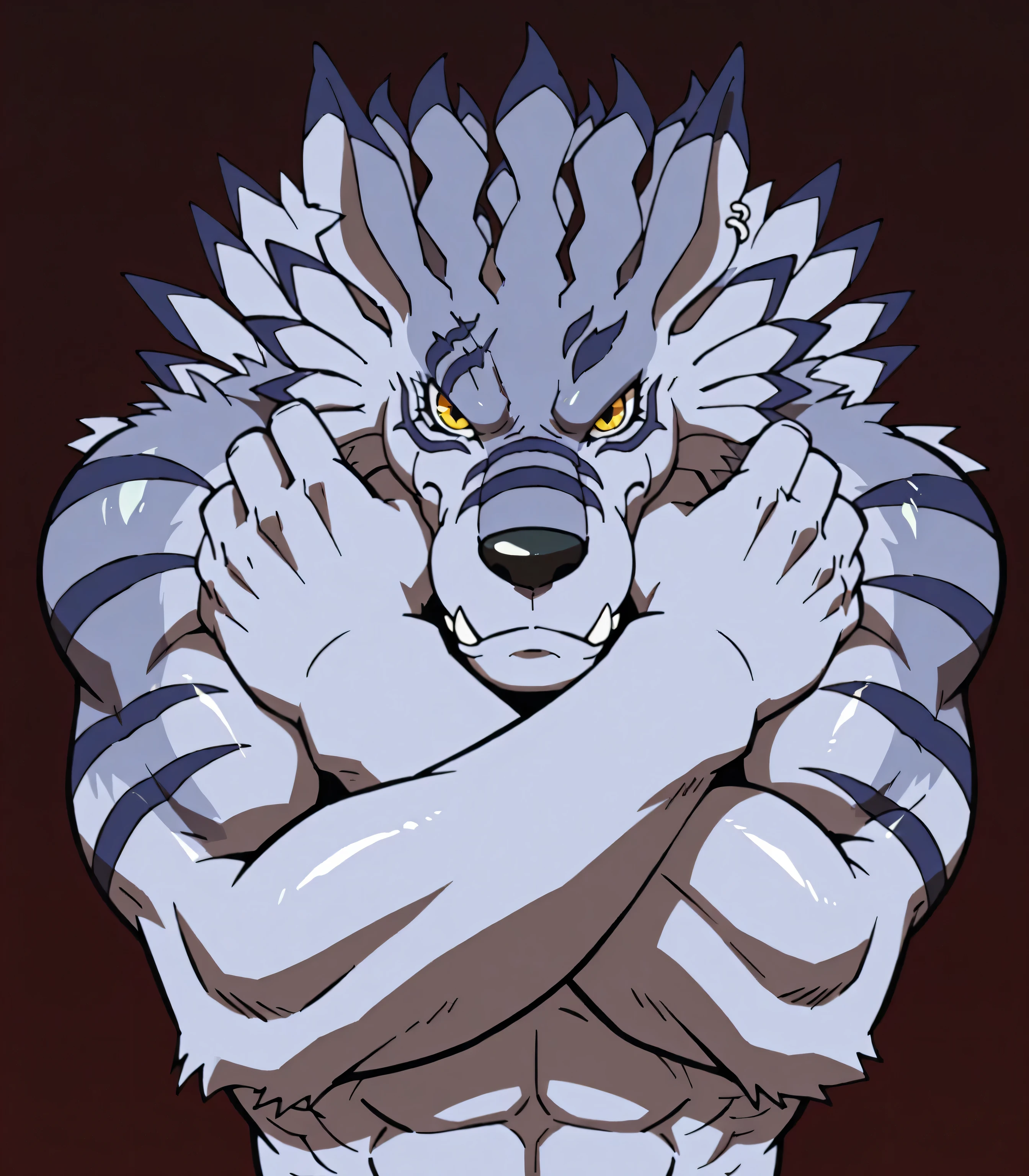 weregarurumon, weregmonil, wolf, light blue fur, yellow eyes, dark blue stripes, solo, male, high quality, simple background, cel shaded, thick arms, muscular, half body, glistening body, looking at viewer, stern face, arms crossed, intense gaze