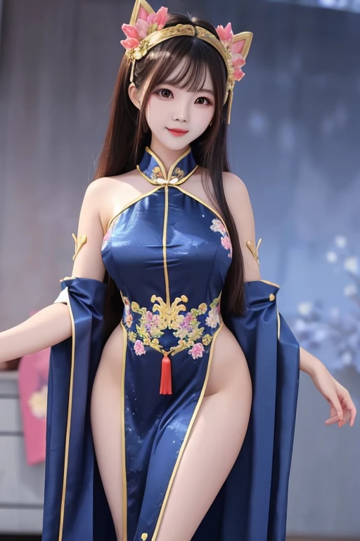 (((long Traditional Chinese costumes outfit comes off))),(((view full body))),(((glamorous body shape))),(((bare inner thigh)))、(((show side breast))),(((detached sleeves))),(((over-kneehighs))),ulzzang-6500-v1.1, (Raw photo:1.2), (Photorealsitic:1.4), a beautiful detailed girl, extremely detailed eye and face, beautiful detailed eyes, ultra-detailed, High resolution, top-quality, ​masterpiece, ighly detailed, 8k wallpaper, magnifica, finely detail, top-quality, Light on the face,电影灯光,1girl in,(Forbidden City during the Ming Dynasty),Beautiful eyes,a smile,Opening Mouth、Show panties、Bite into your panties