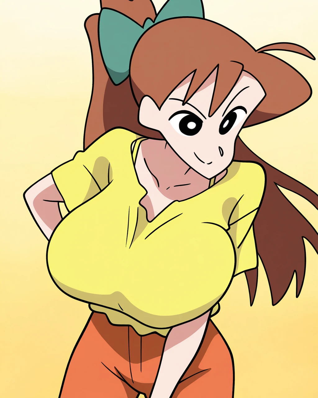absurdres, highres, masterpiece, best quality,smile, closed mouth,
1girl, solo,ishizaka midori,brown hair, high ponytail, long hair, black eyes, ahoge, hair bow, yellow shirt,orange pants,style parody, parody,huge breasts,