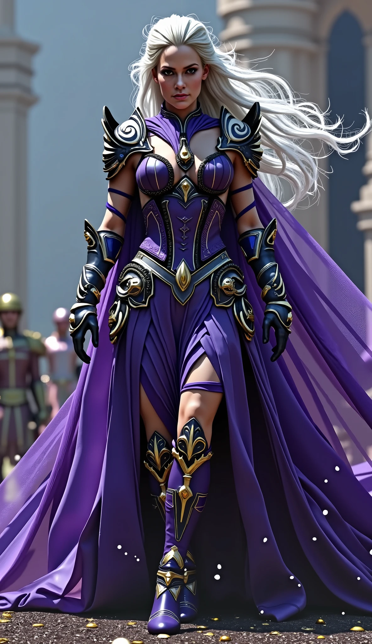 Emma Watson Sindel in a majestic performance: Imposing queen of Edenia. Wearing purple and silver armor adorned with dark details , she exudes an aura of absolute power , , combining the elegance of royalty with the threat of an immortal warrior . silver hair flows like a cloak of pure energy , responding to your commands with a life of its own . Its eyes shine with a mesmerizing intensity , reflecting her supernatural strength and her connection with the mystical arts . Your every step is calculated , Ela, charged with absolute dominance over the battlefield , as if Earth itself devastated her presence . When opening the mouth , her cry The One Cry echoes like a wave of destruction , tearing up the air and mercilessly knocking down your enemies . Angelina personifies the duality of Sindel with perfection : a sophisticated and seductive queen , , , but also a cruel and ruthless warrior , capable of decimating anyone who stands in its path . ultra-detailed textures, cinematic lighting, resolution 8k, photorealism and dramatic atmosphere." .8k, details rendered on Unreal Engine 5 .