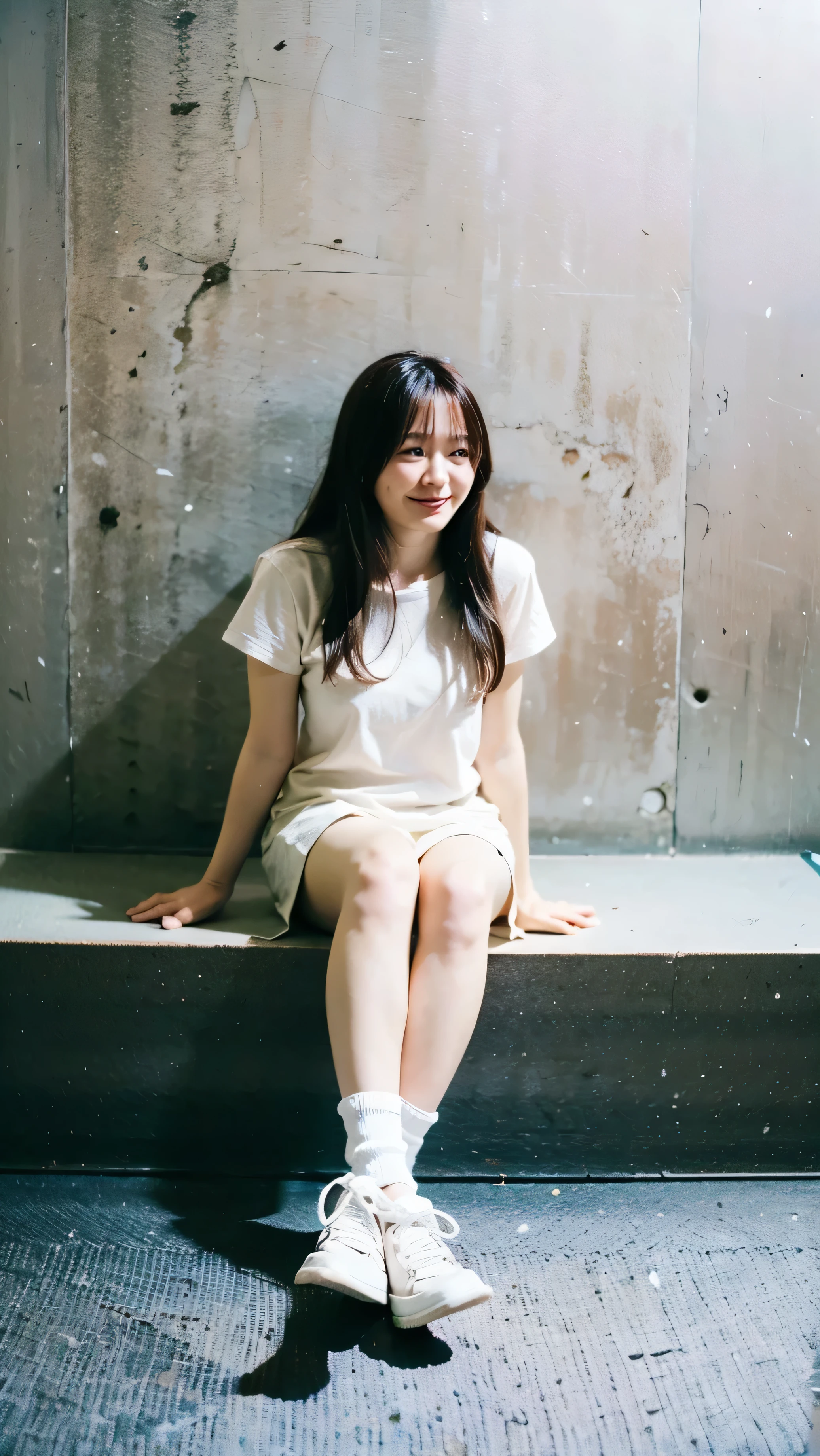 laughing、I can see my ears through my hair、leaning against the wall、 is sitting and legs open、On a white bed