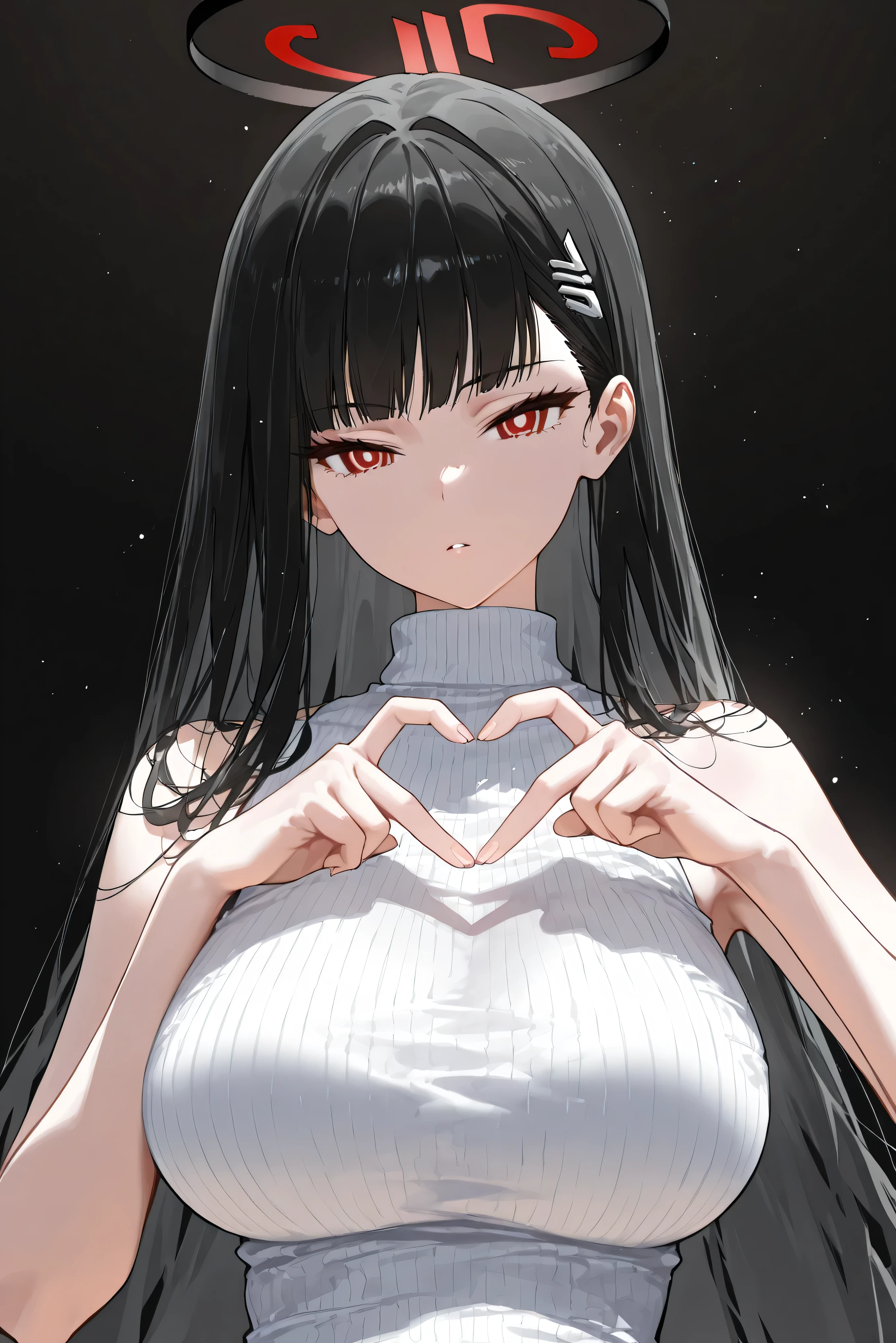 score_9, score_8_up, score_7_up, masterpiece, best quality, very aesthetic, absurdres, tunning image, light particles, attractive image, solo, 1girl, rio, black hair, red eyes, hair ornament, hairclip, halo, long hair, masterpiece,best quality,amazing quality, 5 fingers, simple background, black background, alternate costume, sleeveless sweater, 4-finger heart hands,