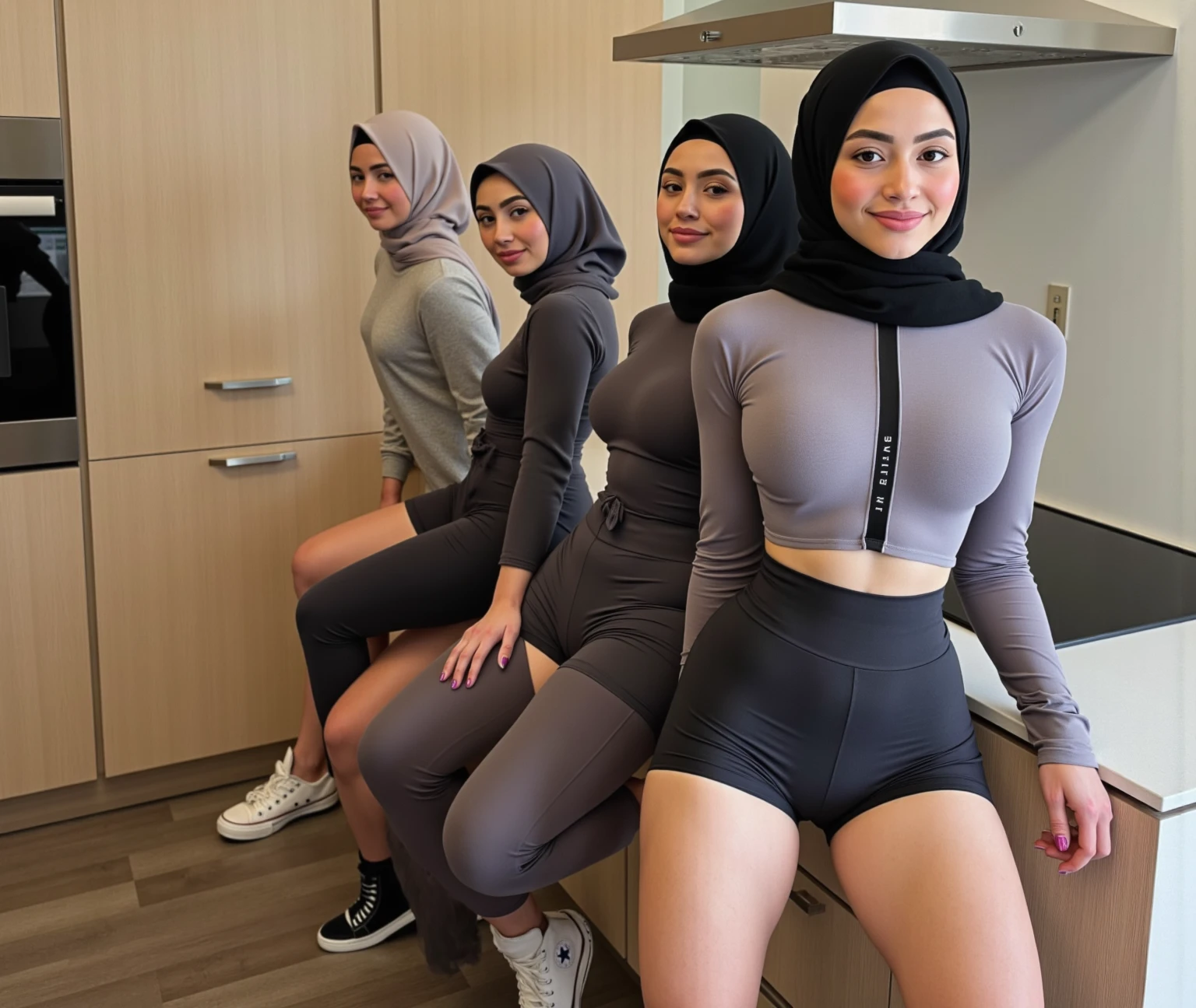 Nude 24 year old age malay woman with hijab,wearing jacket,office background,smiling,a group of men watching,ready to fuck,showing butt