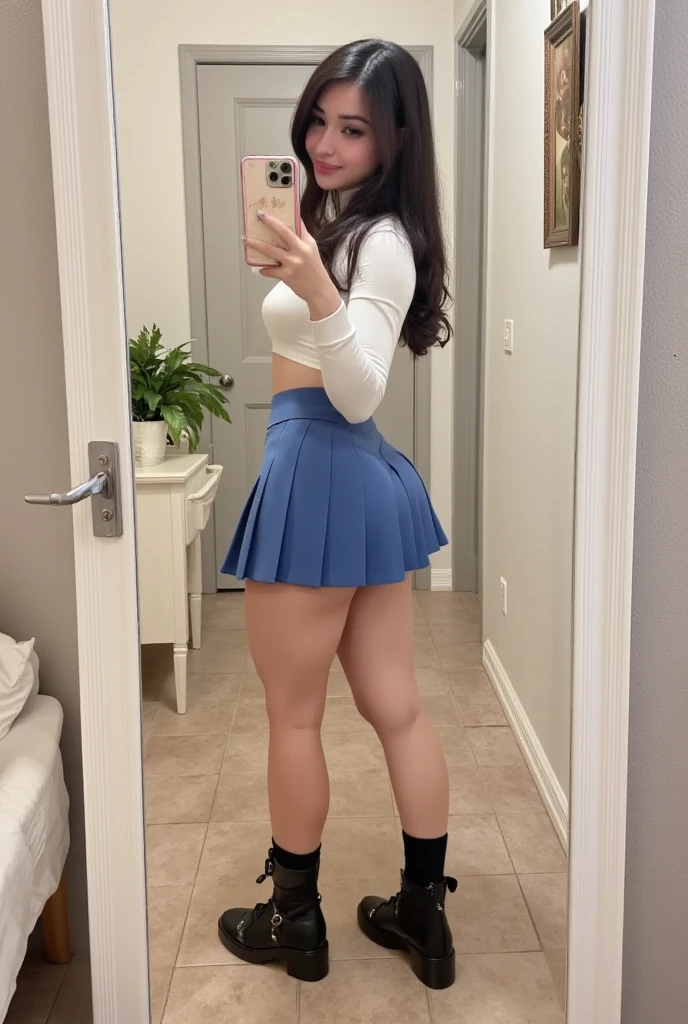 A high school girl wearing a miniskirt that reveals half of her buttocks