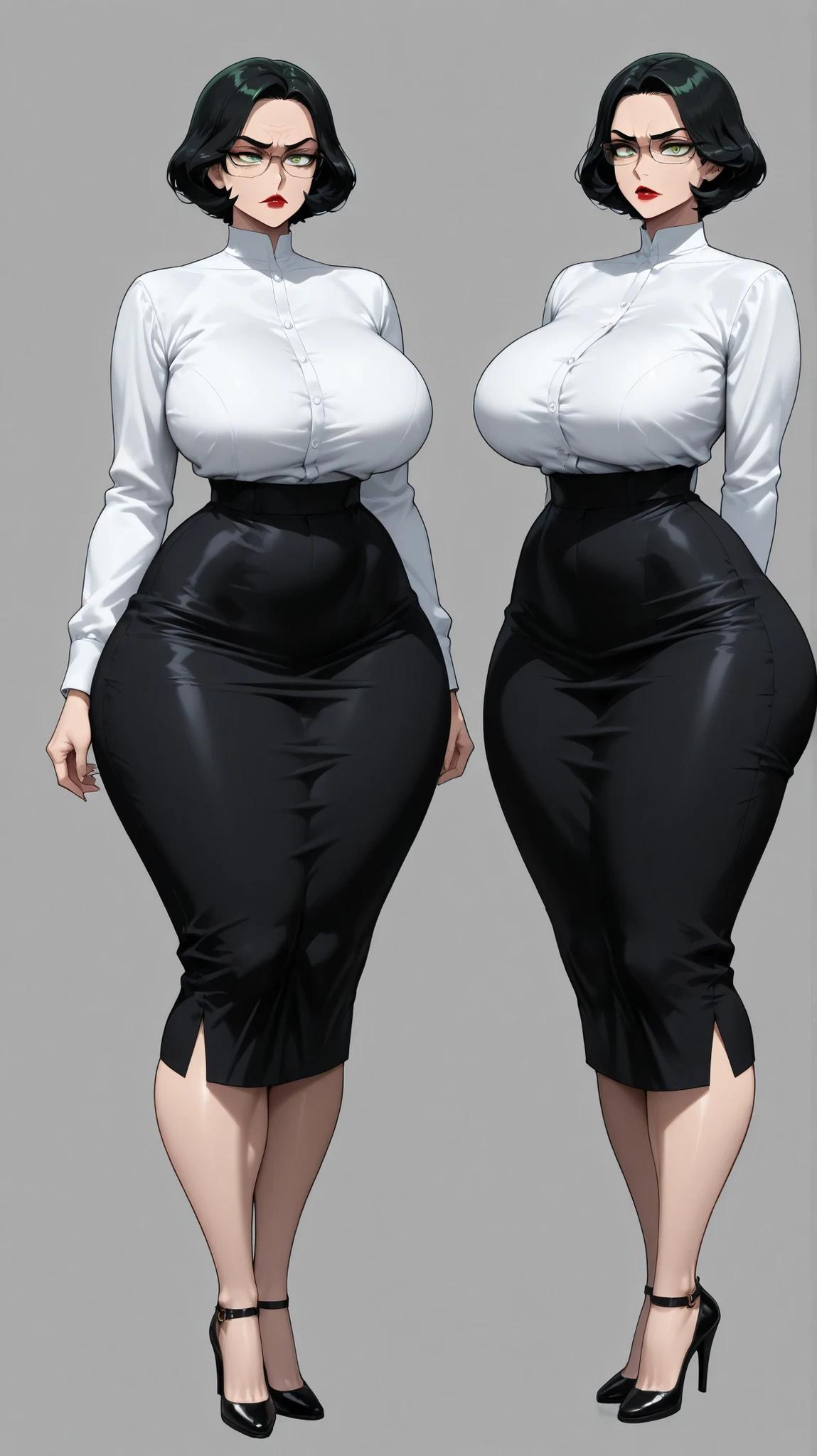 full bodyesbian,Two beauties,Stand in a row,Gray skirt,Conjoinment,Red belly pocket,Standing on the ground,huge tit,Slim,long leges,Stand up straight,nothing background,Slim,extra long leg,Exhibited,Mannequin,Pearl panties