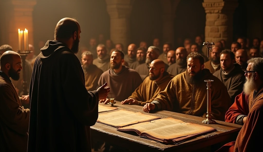 A somber courtroom scene during the Inquisition.