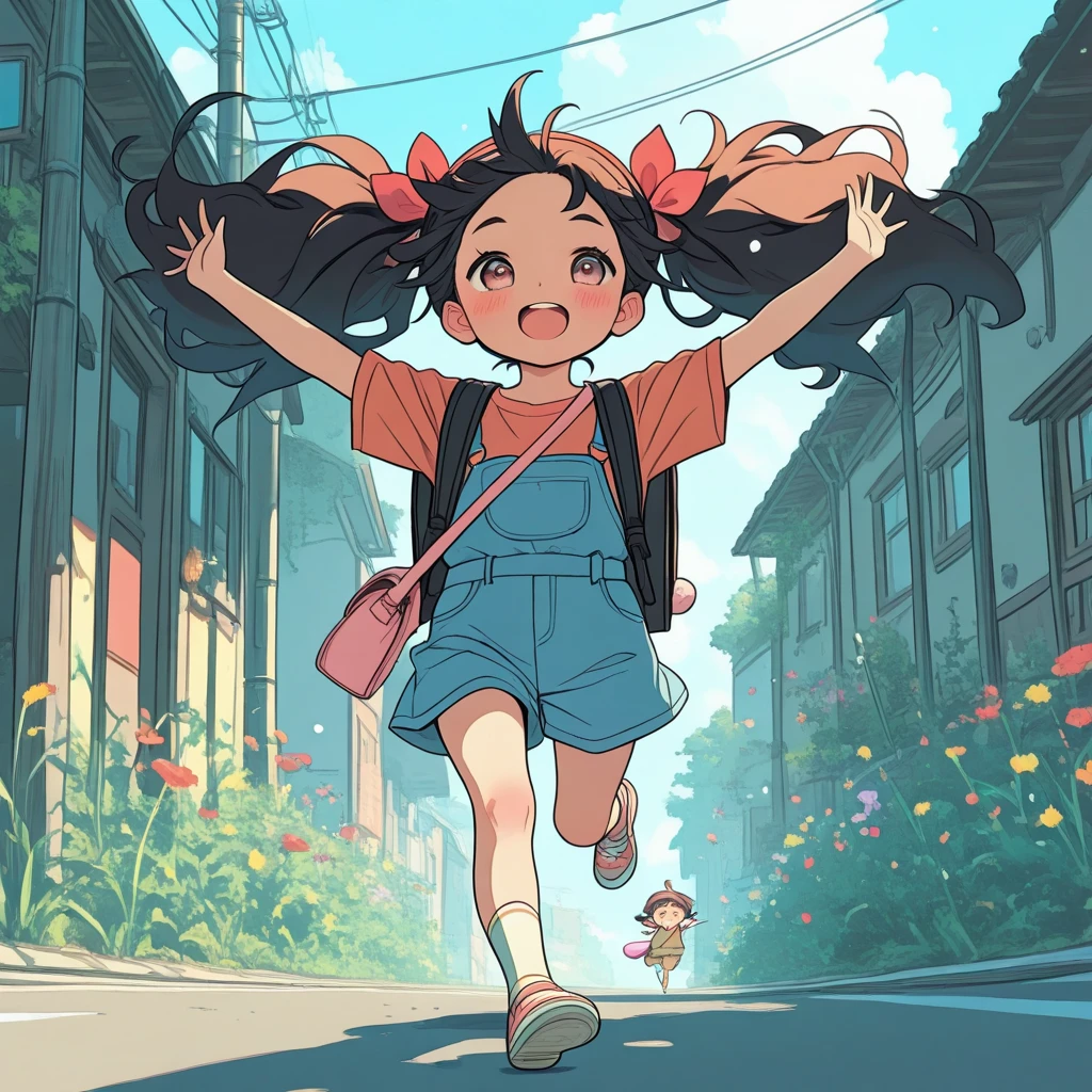From the point of view of the ants top quality complicated parts cute anime girl running at the city long brown hair cute black dress light brown skin wavy hair masterpiece