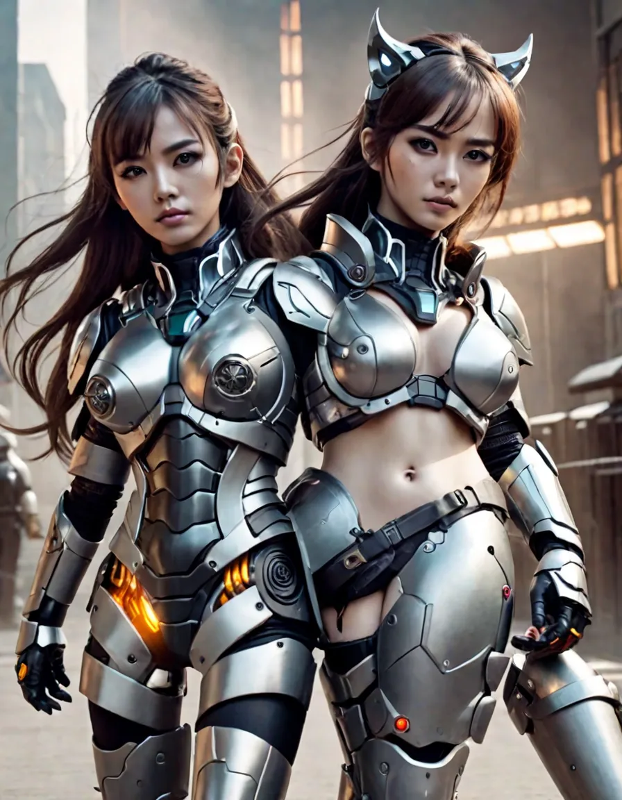 2girls, NSFW, (((medium shot))), upper body, attractive, young, muscular, (topless) women, indoors, looking at camera. (((Smirk))). Abs. Asian. Short hair. Beautiful eyes, perfect eyes, ((scifi))