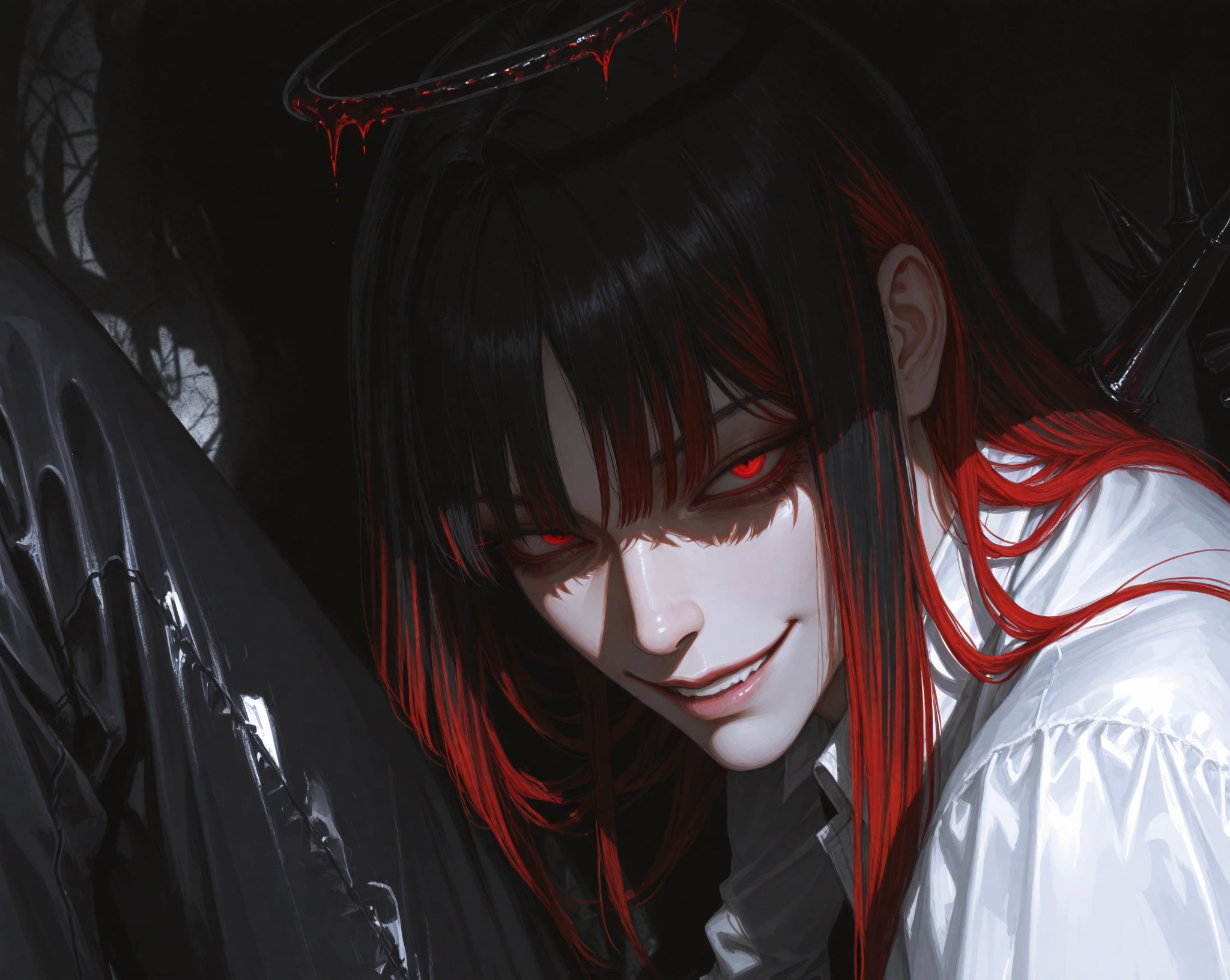 (8K, RAW Photos, Highest quality, masterpiece:1.2),(Realistic, photo-Realistic),Photo Background,Face-only photo,Draw only the face,Look up,Face shot,Scythe Face,Girl Monster, slave,beautiful, Detailed portrait, Delicate facial features, Sharp Eye, Sharp Fangs, Pale skin, Thick chain, Dark Background, Cinema Lighting, Dramatic Shadows, Gothic style, Gloomy atmosphere, Dark fantasy, One Girl, , Please open your mouth wide, Open your mouth and baring your teeth,Sharp teeth like a beast, Wide lips, very wide mouth, Vermilion cheeks, ,(Blood splatter:1.6),Scary face, Laughter　Witch design, Twisted smile、Bloodstained、bleeding from the head,,、Blood splatter、,(Blood splatter:1.6),Crossbones, skull,　, Horror Style,