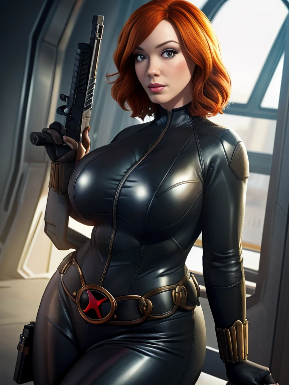 Imagine Christina Hendricks as a Fortnight character, Christina Hendricks as an video game character Christina Hendricks in a third person shooter video game, created in Drew Hill style. alluring 48 year old woman, High-quality facial research of Christina Hendricks, (Christina's sculpted cheekbones and slight wrinkles around the face), High-quality detailed research of Christina Hendricks voluptuous figure. Wearing a skin-tight blue leather suit, cleavage, utility belt, two pistols, ((holding a pink pick axe)), (((decent looking pink pick axe)))). Glamorous, confident expression, fierce and powerful stance.((aiming at the viewer with a gun)), action pose, dynamic pose. Dramatic lighting, high contrast, highly saturated colors, 8k wallpaper, Fortnight based environment, Fortnight based setting, daytime trees and rocks surrounding her