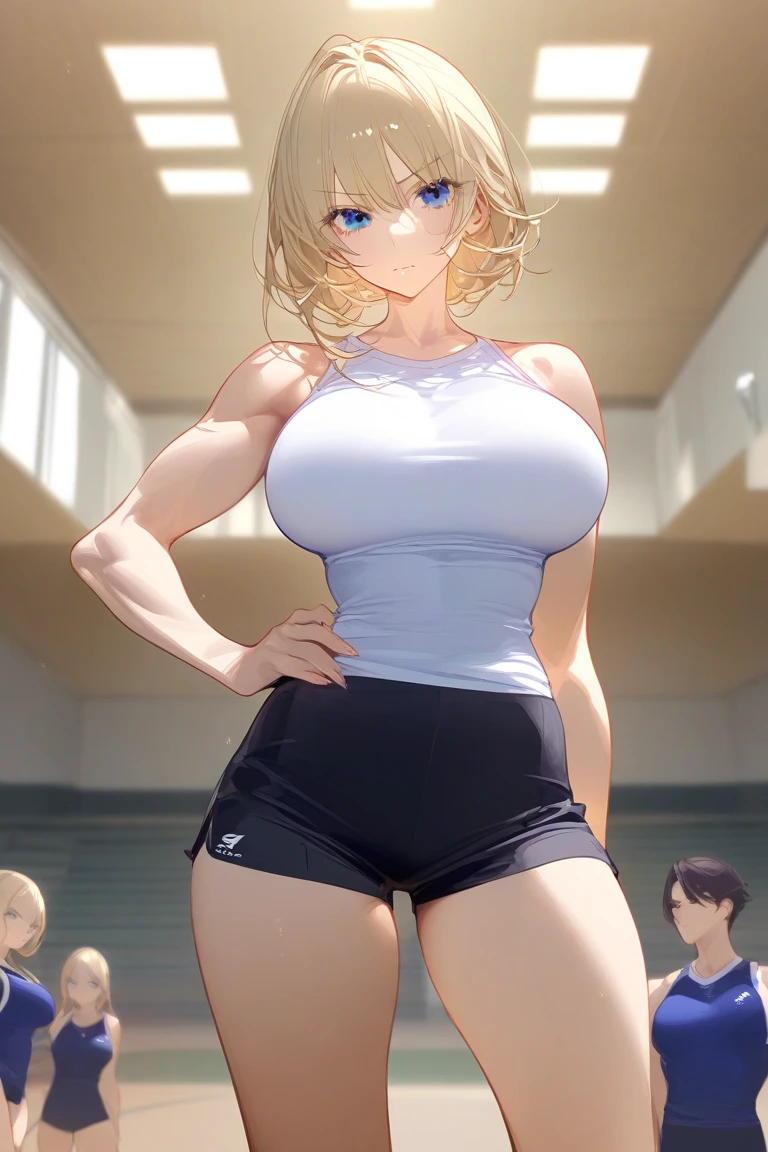 indoor,gym,wide hips,yoga pants,play sports often,(Sensitive smile:1.2),(big breasts:1.5),shiny,hair,((alone)),((masterpiece)),((highest quality)),perfect anatomy,slim waist,perfect image,8K UHD,(beautiful and fine eyes:1.3),highly detailed face,Are standing,(Upper body:1.1),(look ahead:1.1),back arm,super detailed,disorganized,High resolution,blonde hair,medium hair,sexy milf,28 years old,