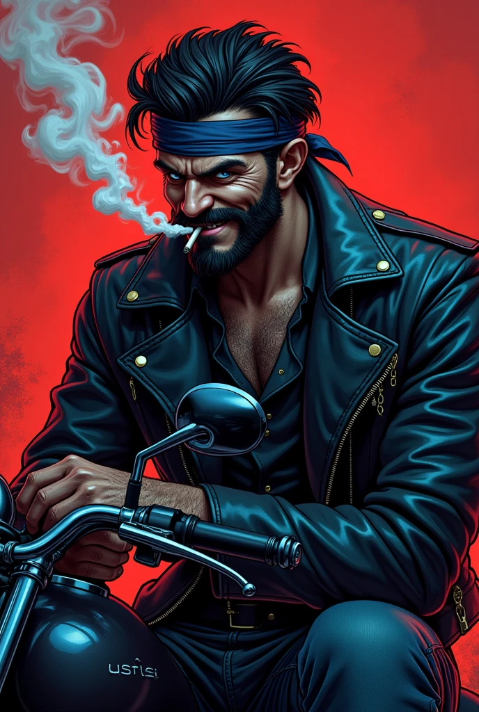 Mafia, male, 45 years old, exuding a dangerous aura, white skin, well-proportioned figure, handsome face, ivory skin, strong physique, red eyes, brown hair, prominent eyebrows, intricate and detailed retro gun tattoos on both arms, black jacket, pants and gloves, and a stern face. A cigar is biting on his mouth, anime