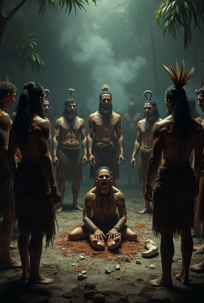 Three Brazilian men aged 20, making animal sacrifices to demons, dark weather, candles, blood, skulls, black magic
