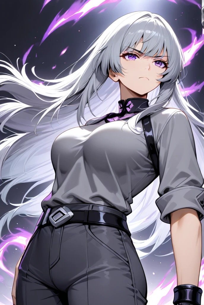 1girl. anime girl wearing white shirt, white hair, white long jeans, medium boobs, cute anime girl, yandere, wearing purple tie, purple eyes, sparkly eyes, Blackhole background, black shoes, tall, anime full body illustration, black hair highlights, happy, double white halo, Dark purple, dark background, long hair, pretty anime girl, black jacket, jacket off sides, black belt. black suspenders, sweat, (blush:1.1), seductive pose, sexy, hands on ass, :3 face. big ass