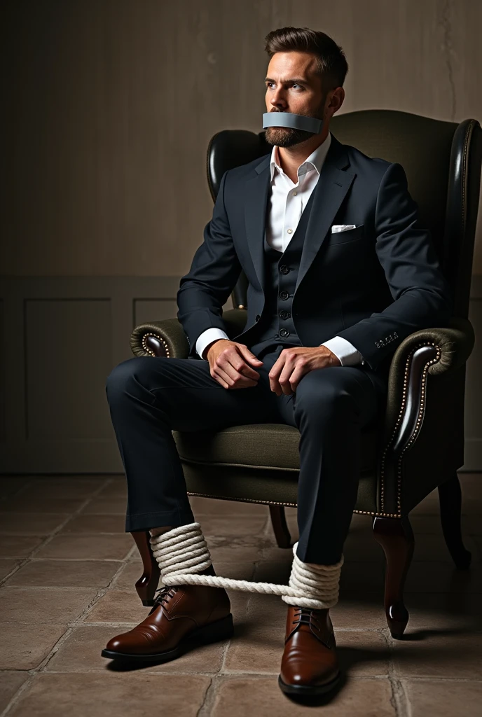 There is a handsome young Malay lawyer from Malaysia named Haqiem hands,legs with luxury loafers, yellow socks tied with ropes to the chair and eyes covered with cloth in the old warehouse