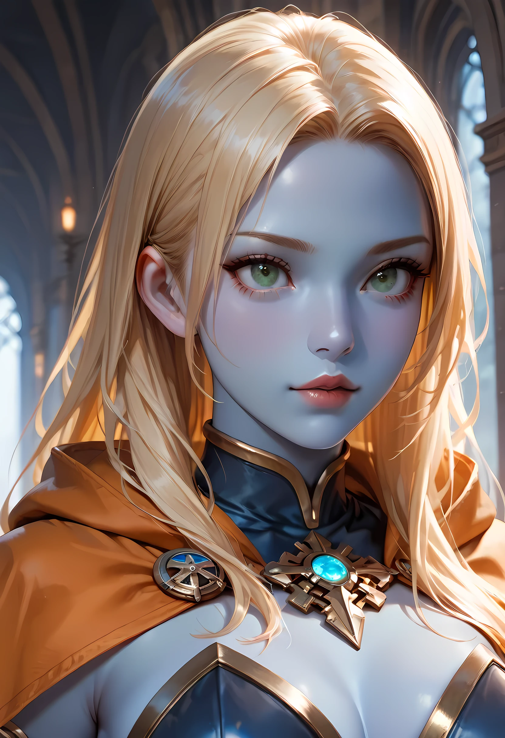 portrait a female ((blue skin: 1.5)), intense details facial details, exquisite beauty, cleric, ((dark blue skin: 1.5)) female, ((yellow hair: 1.5)), long hair, (((no ears: 1.5))), (green eyes: 1.3), armed with a fiery sword red fire, wearing (twilight priestly combat vestments: 1.5), wearing high heeled laced boots, wearing an (orange cloak:1.3), wearing glowing holy symbol, fantasy art, dnd art, RPG art, wide shot, (masterpiece: 1.4)  intense details, highly detailed, photorealistic, best quality, highres,  within fantasy temple background, reflection light, high details, best quality, 16k, [ultra detailed], masterpiece, best quality, (extremely detailed), close up, ultra wide shot, photorealistic, RAW, fantasy art, dnd art, fantasy art, realistic art,((best quality)), ((masterpiece)), (detailed), perfect face, fantasy, Cinematic Shot Cinematic Shot, fantasy, LOAsuccXL, strapless, fantasy
