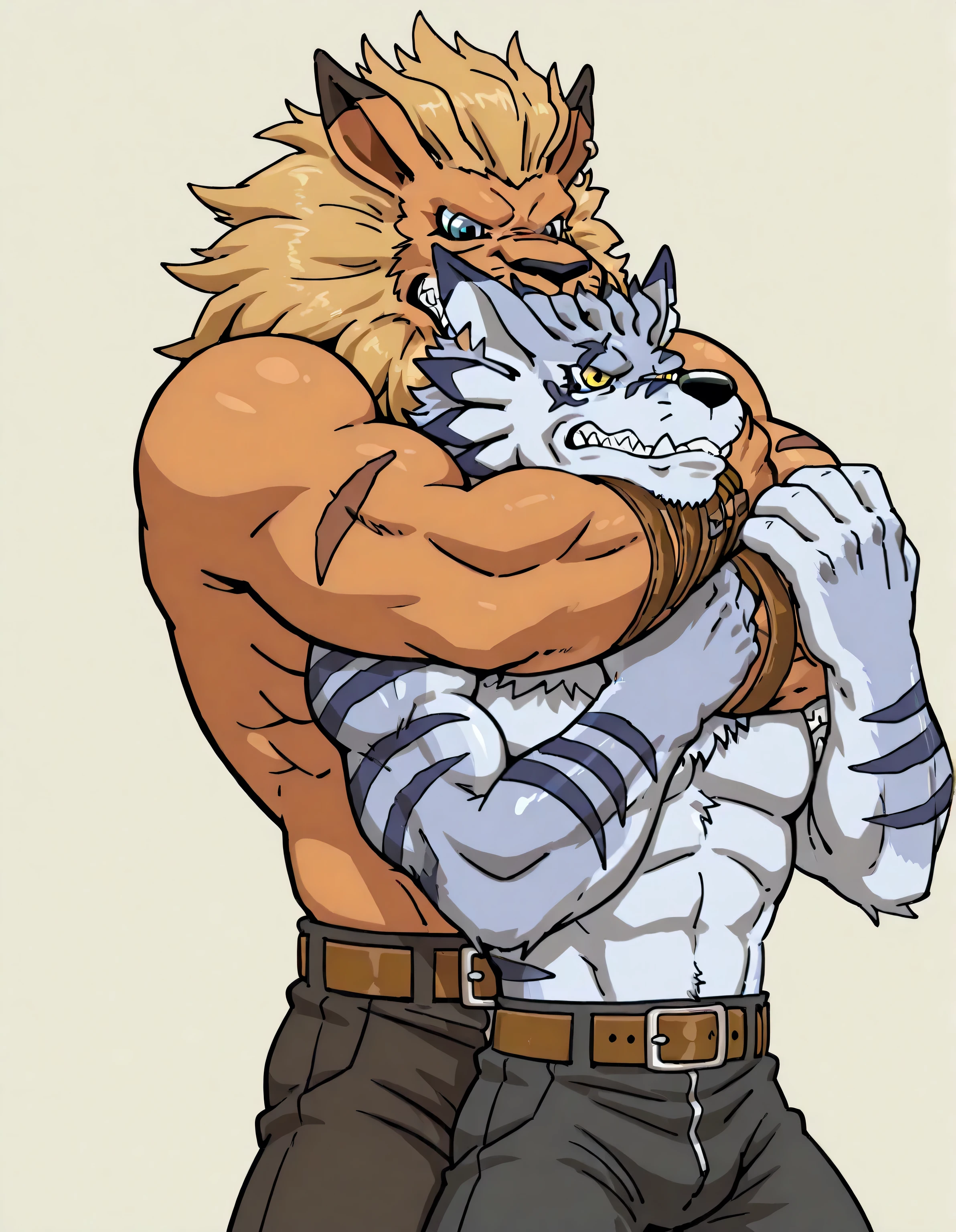 leomon chokes weregarurumon, weregarurumon, weregmonil, wolf, light blue fur, yellow eyes, dark blue stripes, leomon, anthro, blue eyes, furry, 2boys, duo, two characters, lion, male, mane, high quality, simple background, cel shaded, thick arms, muscular, half body, glistening body, stern face, Sleeper hold, Choke hold, Strangulation, Submission hold, struggle, looking at each other, size difference, belt, pants