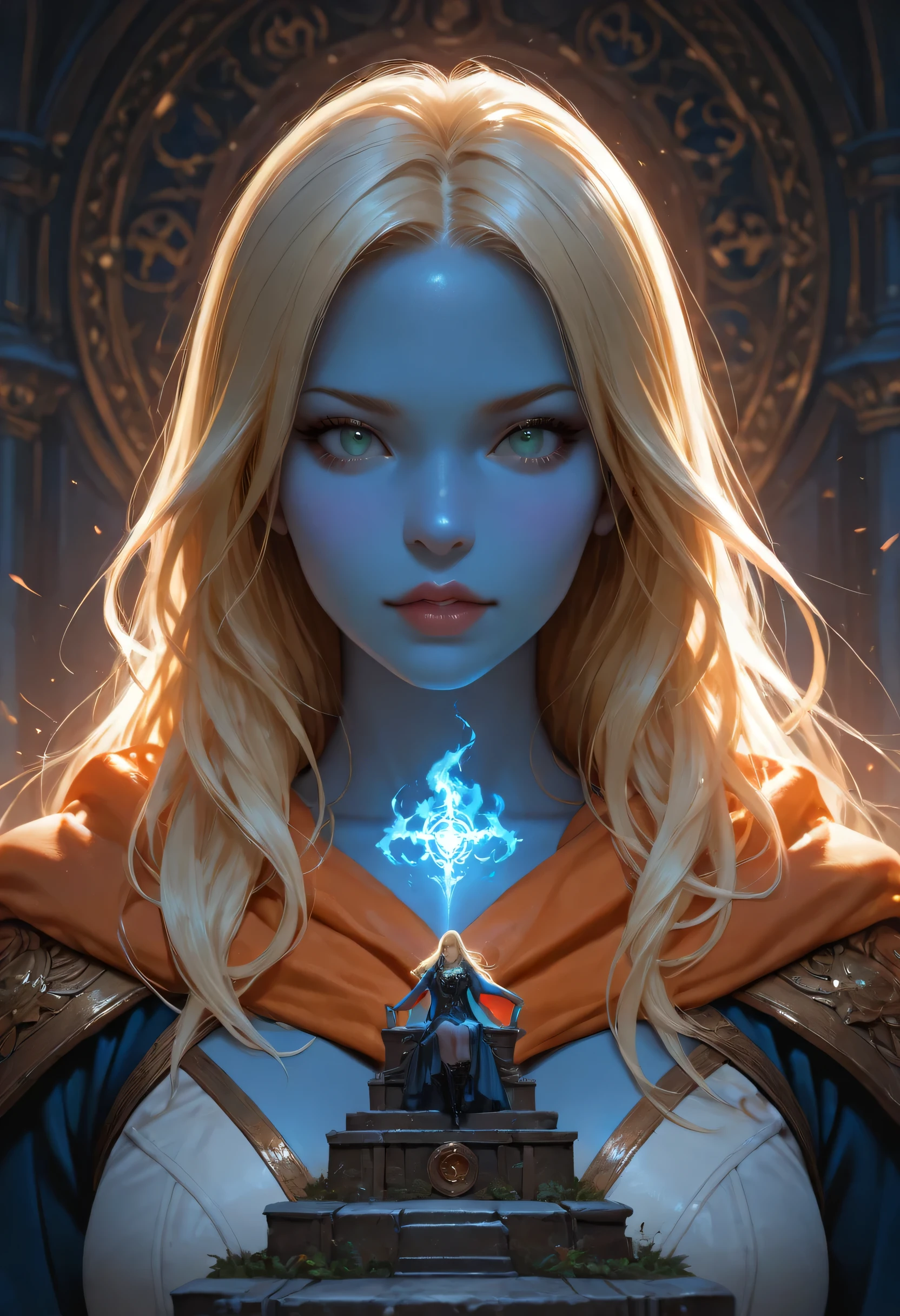 portrait a female ((blue skin: 1.5)), intense details facial details, exquisite beauty, cleric, (dark blue skin: 1.5)) female, ((yellow hair: 1.5)), long hair, (((no ears: 1.5))), (green eyes: 1.3), armed with a fiery sword red fire, wearing (twilight priestly combat vestments: 1.5), wearing high heeled laced boots, wearing an (orange cloak:1.3), wearing glowing holy symbol, fantasy art, dnd art, RPG art, wide shot, (masterpiece: 1.4)  intense details, highly detailed, photorealistic, best quality, highres,  within fantasy temple background, reflection light, high details, best quality, 16k, [ultra detailed], masterpiece, best quality, (extremely detailed), close up, ultra wide shot, photorealistic, RAW, fantasy art, dnd art, fantasy art, realistic art,((best quality)), ((masterpiece)), (detailed), perfect face, fantasy, Cinematic Shot Cinematic Shot, fantasy, LOAsuccXL, fantasy

