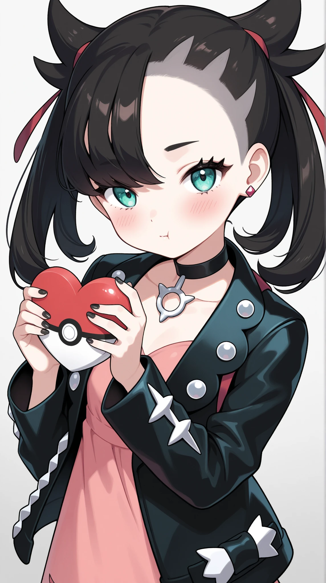 nsfw, Black panties, Thong, Angle from below, Strong winds,masterpiece, highest quality, High resolution, Marnie, Aqua Eye, Black Choker, Red ribbon, Pink Dress, jewelry, Black jacket, Open clothes, Long sleeve, Cowboy Shot, Are standing, Field, holding poke ball, poke ball \(Basic\), A very surprised face, Sweat, Open your mouth,Hold down skirt with hands
