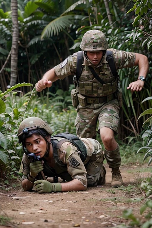 3 matured old malay man in blue digital camouflage military uniform running in the jungle, dark jungle, low saturation, Super 8mm lens, Low angle shot, High Contrast cinematography effect, Natural Lighting, Desaturate color grading, high quality, ultra detail, 8k resolution,