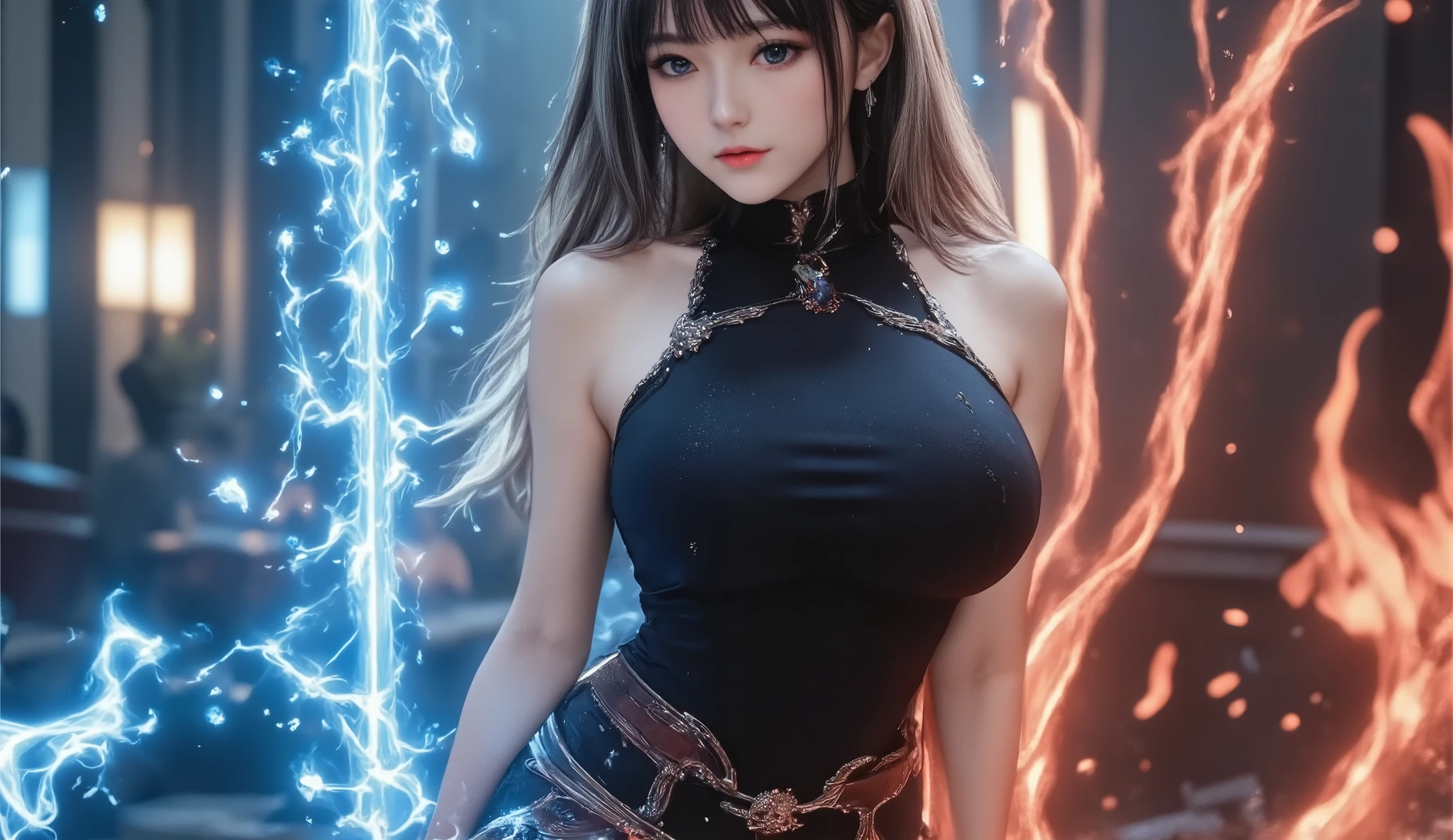 Elf women, Death Knight Warcraft, Long silver hair, shining eyes, a two-handed sword, Background blue and red flames