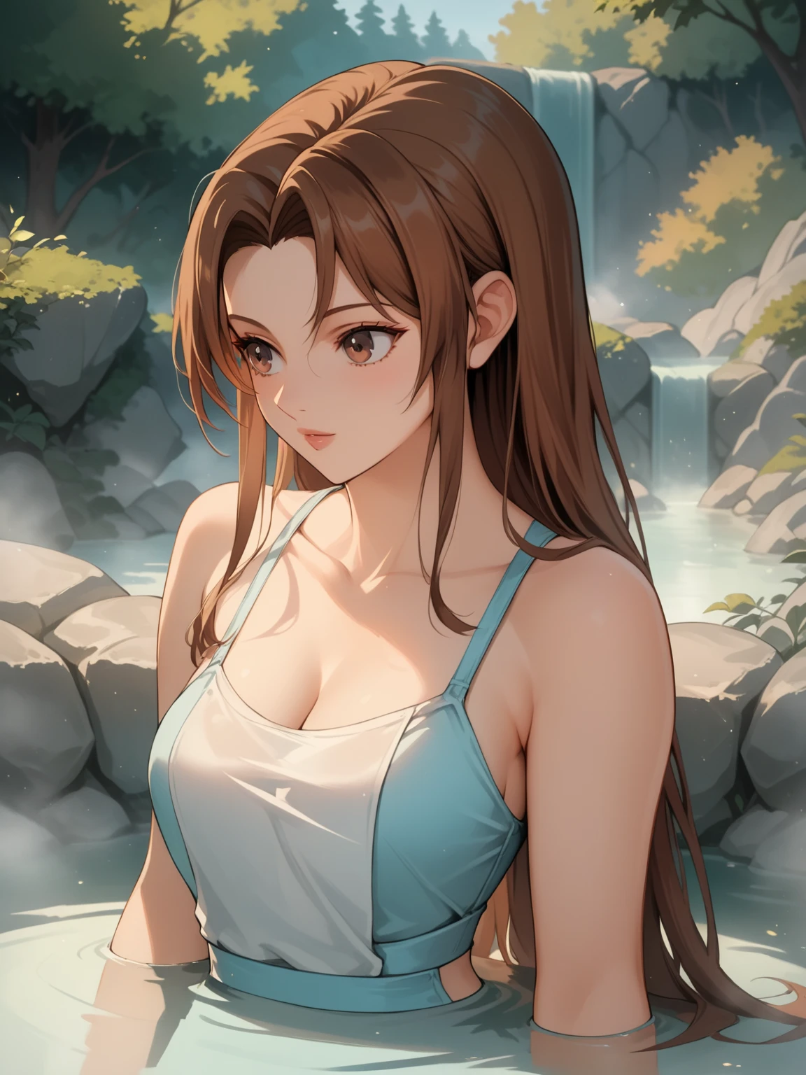 (Best quality, 4k, Masterpiece :1.3), pretty woman, 1girl, sexy :1.1, dark brown hair: 1.1, (rainy wet, wet from rain, wet body :1.2), white tank tops, ultra-detailed face, detailed lips, detailed eyes, double eyelid