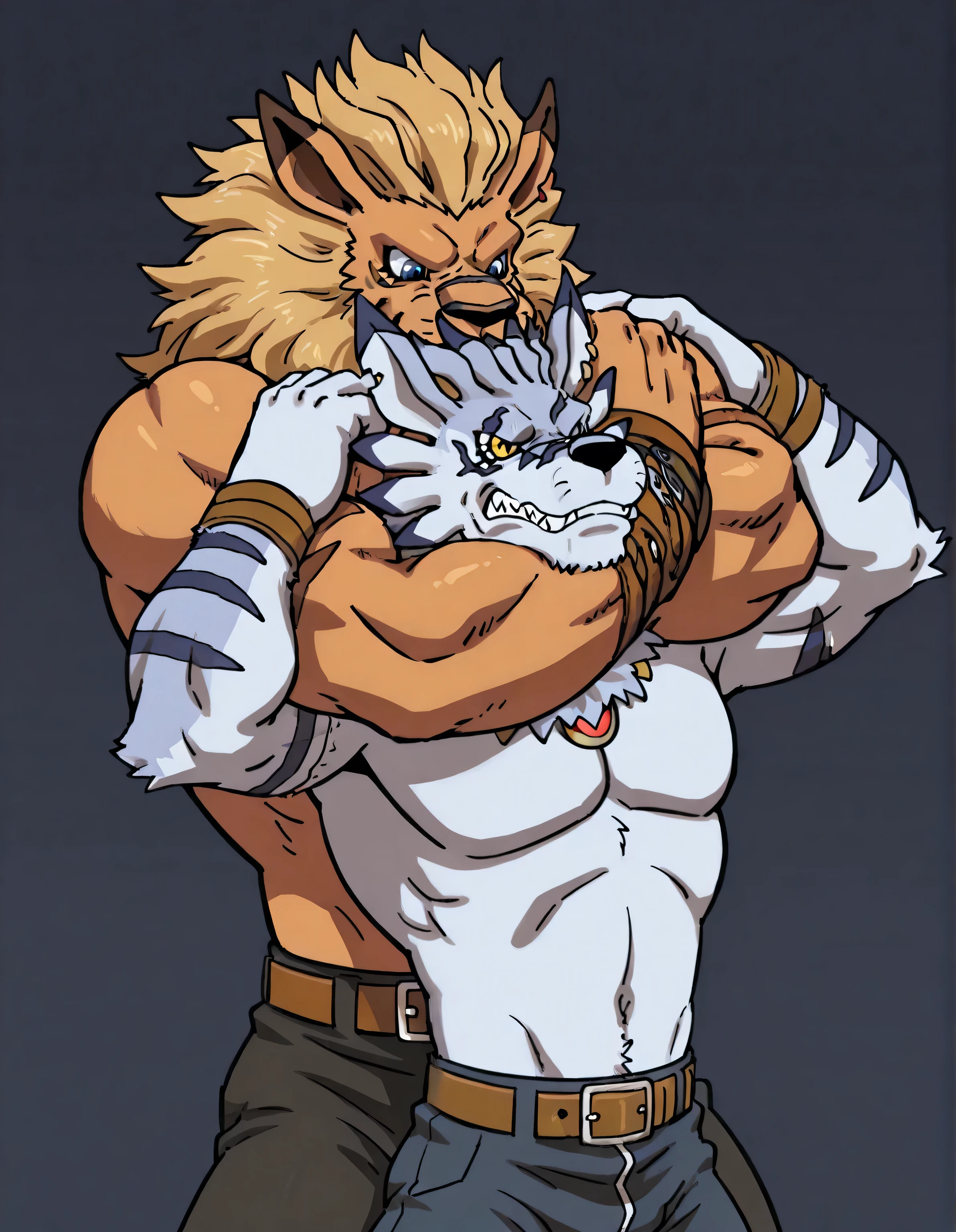 leomon chokes weregarurumon, weregarurumon, weregmonil, wolf, light blue fur, yellow eyes, dark blue stripes, leomon, anthro, blue eyes, furry, 2boys, duo, two characters, lion, male, mane, high quality, simple background, cel shaded, thick arms, muscular, half body, glistening body, stern face, Sleeper hold, Choke hold, Strangulation, Submission hold, struggle, looking at each other, size difference, belt, pants