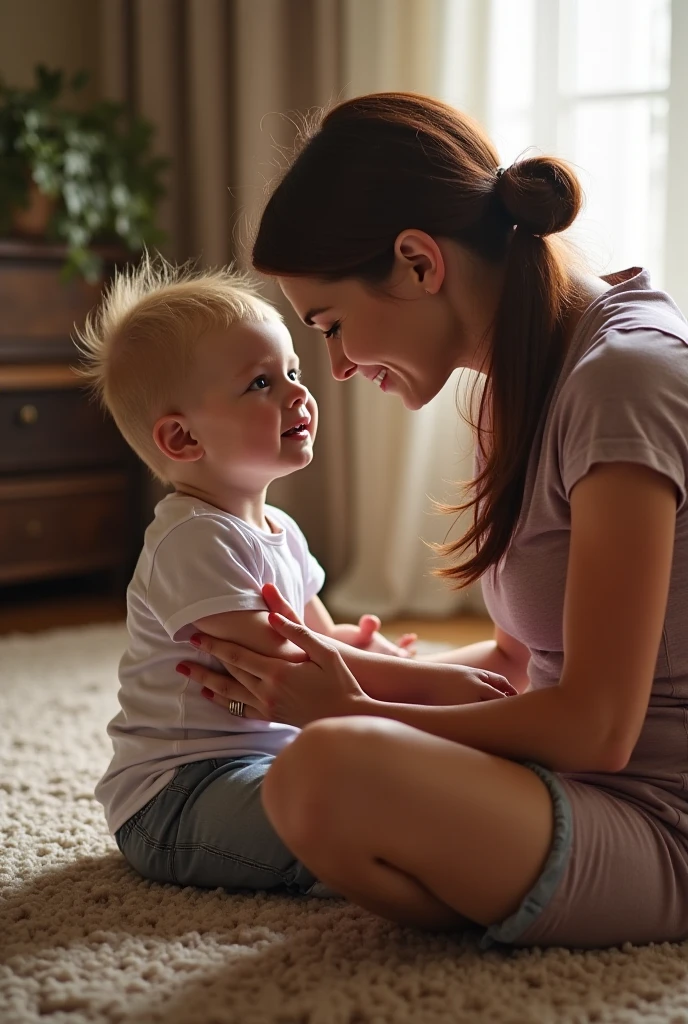 score_9, score_8_up, score_7_up, 1boy, 1girl, mature female, mother naked and son, ???, hug kiss, smile, hand on head, kneeling, grab