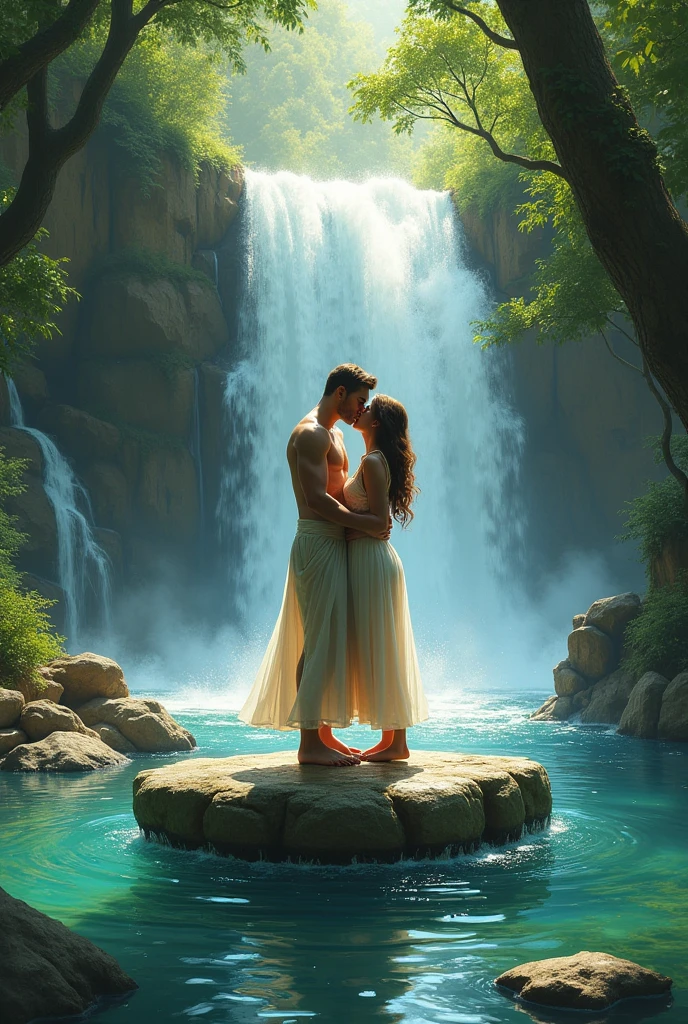 full lenght 4 k by the waterfall flowing down from the high mountain. A beautiful young woman, sweet and gentle, long black hair flowing, wearing a white Thai Dusit dress, shimmering in the light, wearing a gold and white pink sarong, a white shawl, and a handsome young man, no shirt, wearing a white and gold sari, long black hair tied loosely, sitting and hugging the young woman, looking at the waterfall, the beautiful morning atmosphere, the freshness of the green atmosphere in the morning, by the small stream, oil painting, modern painting, art painting by Professor Chalermchai