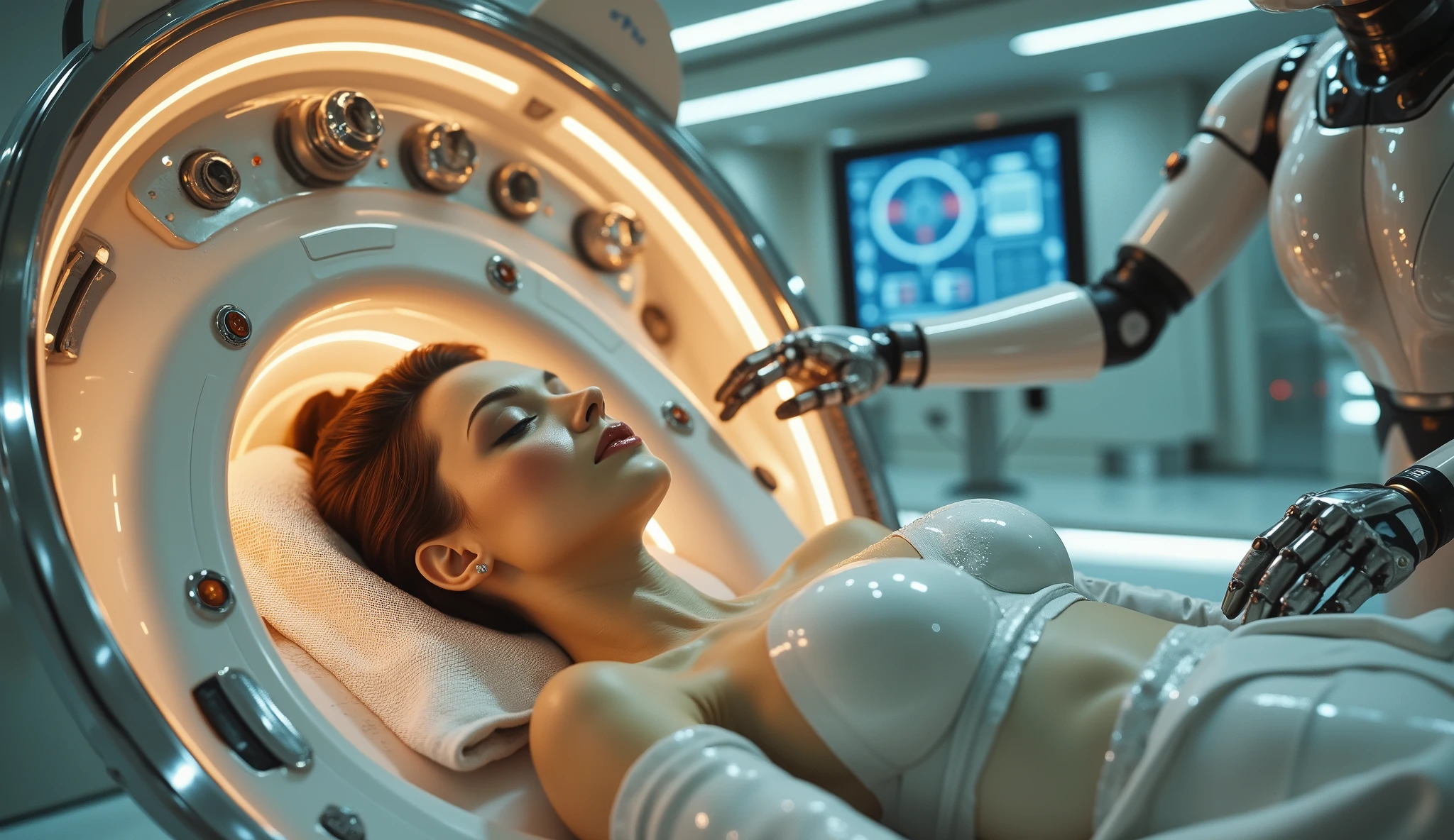 A gorgeous woman with flawless features rests inside a glowing, oval-shaped medical pod, her body surrounded by golden energy waves as the AI system repairs her injuries. The futuristic medical bay has polished chrome walls, floating diagnostic screens, and sleek, robotic arms gently adjusting the healing process.