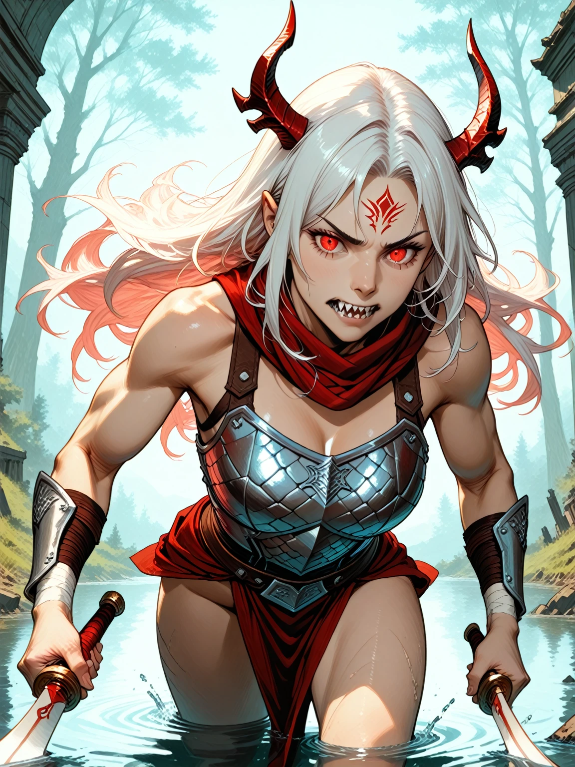 Ogre,horns,pink skin,red tattoo,pointy ears,white hair,red eyes,
tribal attire,cleavage,
standing,upper body,
serious,
(insanely detailed, beautiful detailed face, masterpiece, best quality),<lora:Ogre-10DQv10:0.8>,