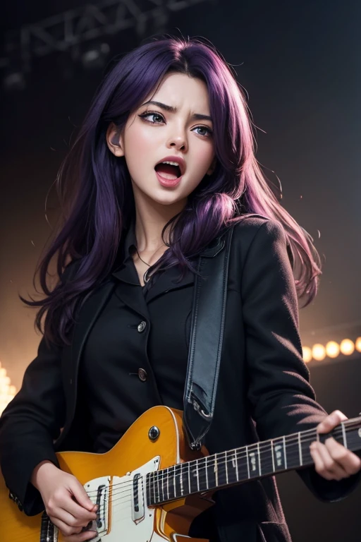 Draw the face of a beautiful young girl in anime style screaming and singing heavy rock. long hair in the wind. dark purple hair. Olhos roxos. Singing on stage at a rock concert. Background filled with play of light. Focus on the character's eyes. Playing black guitar. Wearing a black overcoat jacket and black bonded blouse. front view of the face. Olhos roxos.