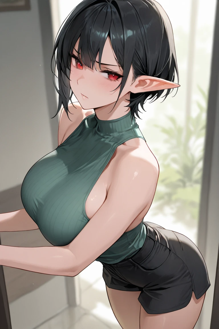 8k, masterpiece, highest quality, best quality, official art, beautiful and aesthetic, extremely detailed, (fractal art: 1.3), colorful, highest detailed, perfect face, upper body, HDR, sexy, wide hips, thicc figure, Detailed face, Detailed eyes, red eyes, perfect face, perfect eyes, ( 1elf, 1 female elf, 1girl, trans, futa, futanari, big ass, slim waist, pretty face, long white hair, sharp jawline, he is sexy, she is beautiful, she has black eyeliner, he has makeup, she has a girly face, she is tanned, she has big , she is blushing, she wears blush, hips wider than shoulders, slim torso, black lipstic, e-girl makeup, blushing, pretty, sharp jawline, red eyes, cute, thigh high socks, goth clothes, black skirt, black crop top, black lipstick, black eyeliner, cute smile, Goth, goth priestess, RAVEN, goth makeup, goth clothes, white hair, wolf cut
