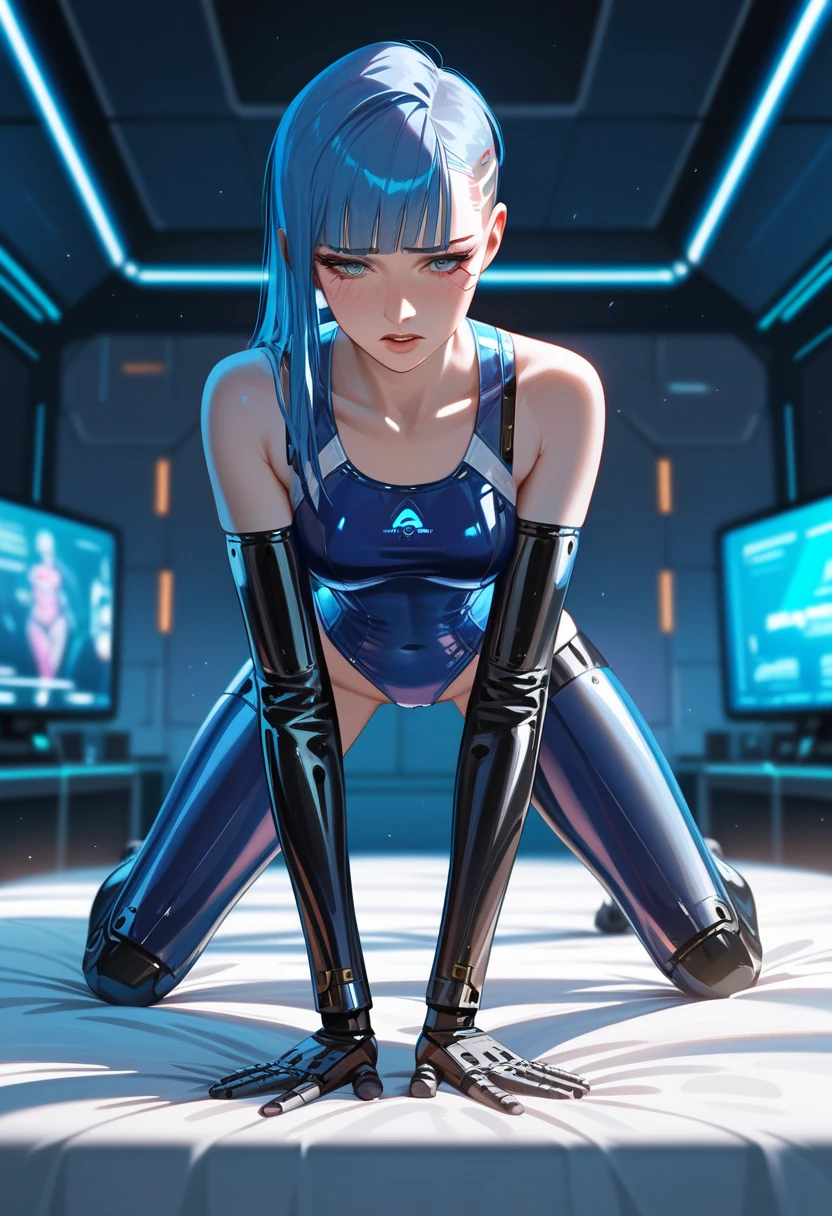 (masterpiece:1.4), best quality, highres, lu1, cyborg, multicolored hair, makeup, bare shoulders, black leotard, highleg leotard, (thong:1.1), white jacket, open jacket, belt, shorts, cowboy shot, cyberpunk, squatting, wall, abs, Woman Sitting Facing Front , cyberpunk, cybercore, armpits, bobcut, juicy thick thighs, Muscular Woman, nasty, shiny bright skin, smooth surface, Bodysuit with tension, beautiful face, cute face,
