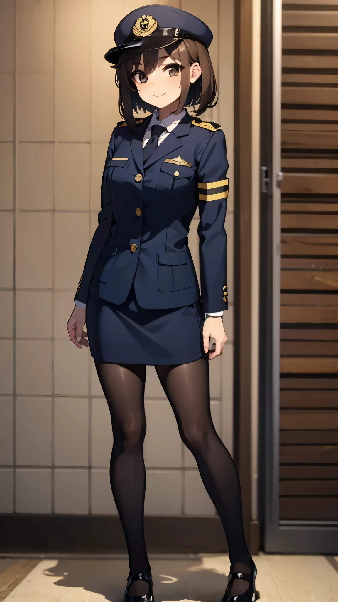 (masterpiece,Highest quality:1.3,best quality illustration),realistic,cowboy shot,1woman,30 year old Japanese beauty,Naval officer、((very small head:1.4)),short bob hair,brown hair,bangs,brown eyes,gorgeous eyes,shy,Heavy breathing,((Dark blue blazer jacket、Blue tie、Black panties、Black garter belt,black thighhighs))、navy uniform,small breasts,((very long body:1.4,tan skin)),(toned body,slender body,skinny),gleaming skin,shiny skin,sweat:1.2,standing,Bedroom,indirect lighting、