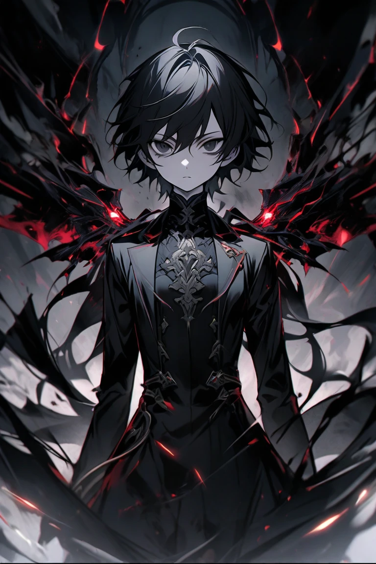 male anime character, Red eyes, black fur, long blue hourglass tip earrings, Blue, clothes in red and black tones, male