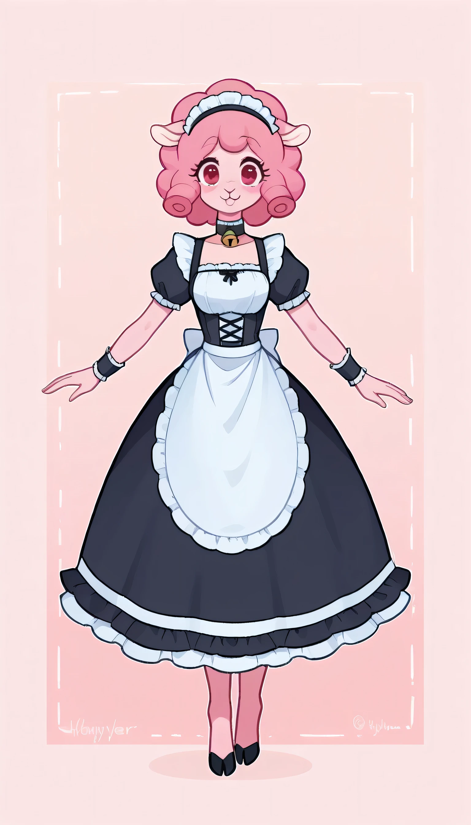 best quality, very detailed illustration , solo, ( Anthropomorphic furry sheep:1,7) , ruffled voluminous bouncy hair , playful look, delgado, ideal body, thin waist , wide hips, simple drawing, Artifyber style , pastel flat colors , beautiful, cartoon ,solo, short curly pink hair, maid outfit, long dress with frills, a smile, fluffy curly tail, sheep ears, bell collar, hooves, ram horns, princess