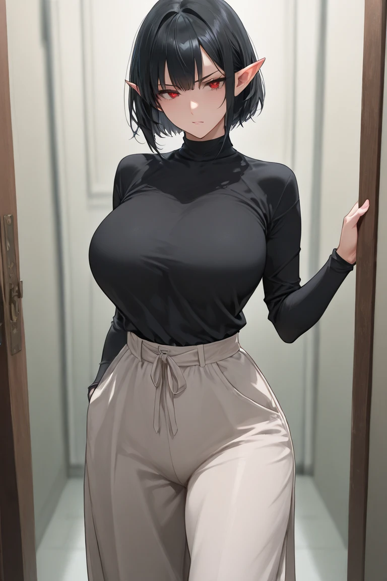 masterpiece, Score_9, Score_8_up, Score_7_up,1 woman, alone, black hair, very short hair, parted bangs, golden and orange eyes, half-closed eyes, parted lips, expressionless, pale skin, large breasts, best quality, long bangs and open, black sleeveless shirt, black V-neck, baggy pants, high heels, long split bangs
